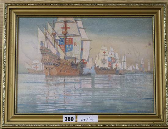 Ernest Walter Twining (1875-1956) gouache, Galleons flying the Royal Standard, signed 24 x 34cm.